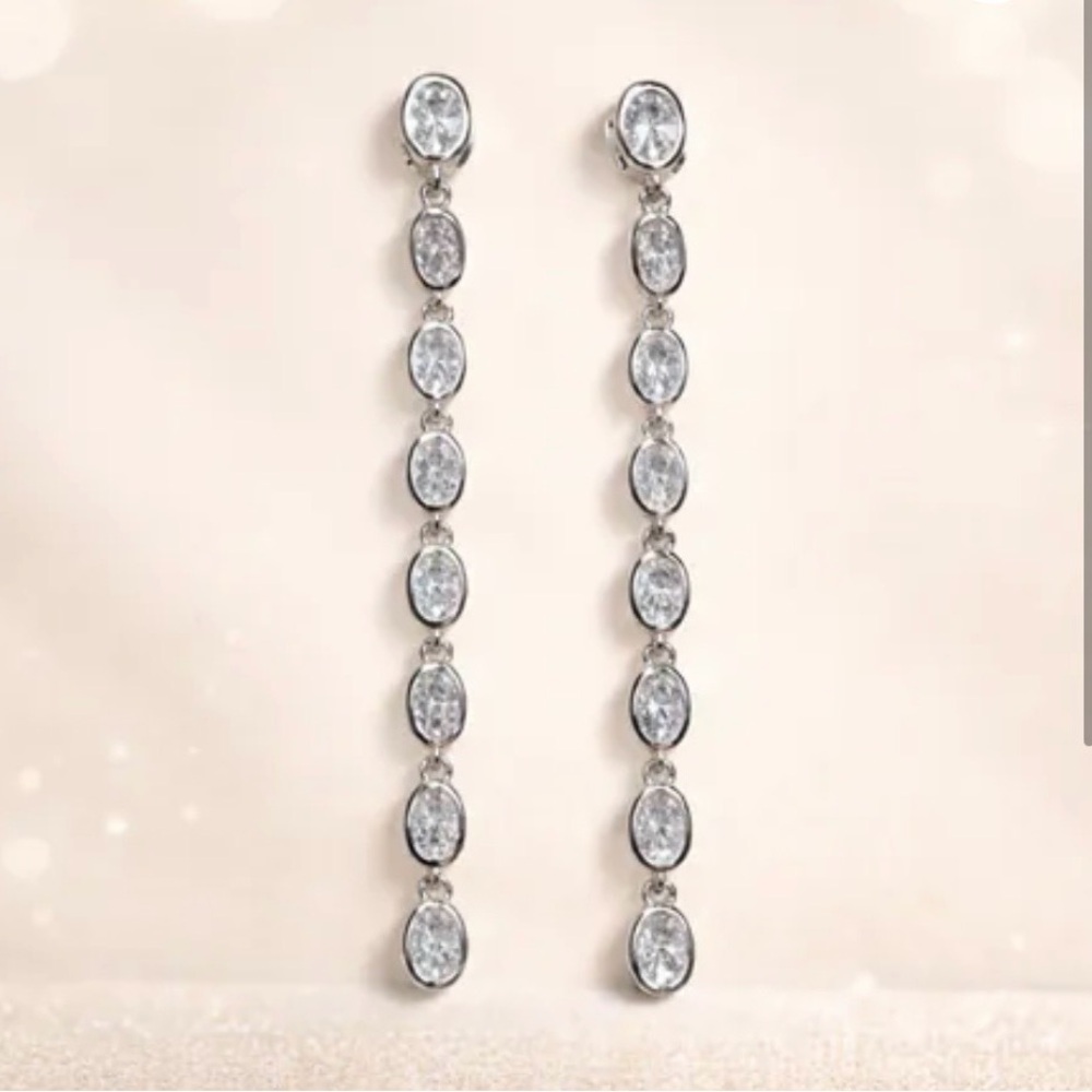 NWT Elegant CZ Silver Linear Bezel Set 2 Inch Teardrop “Tennis” Style Earrings